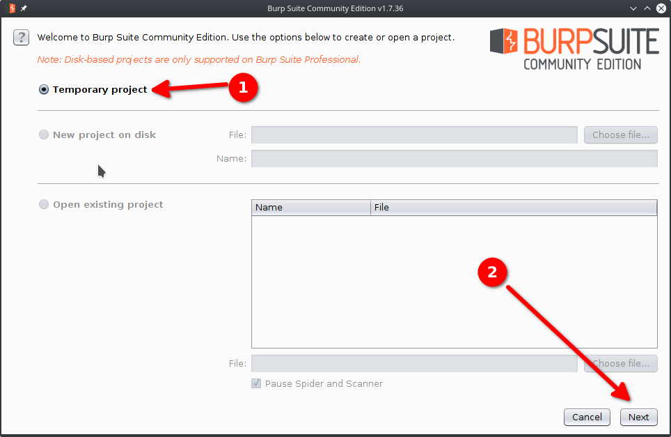 burp suite temporary project